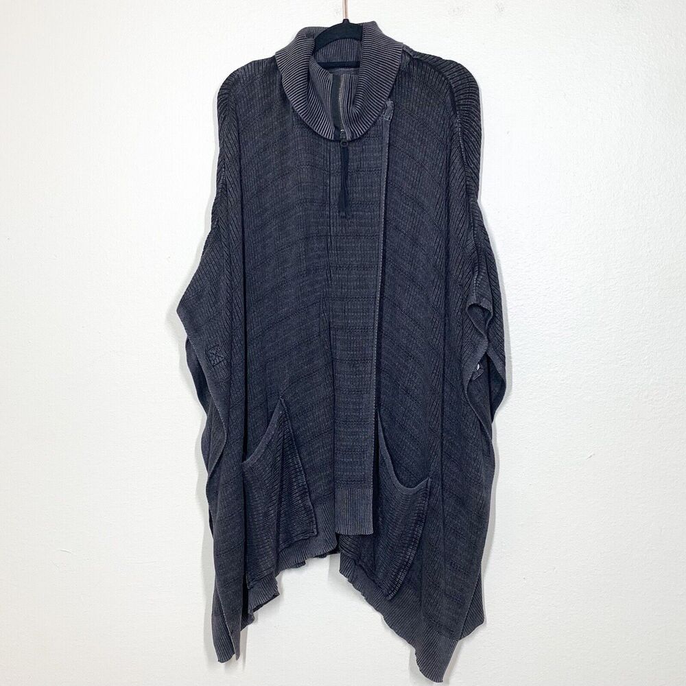 Free People Sweater Poncho XS Thin Knit Gray Pockets Turtleneck